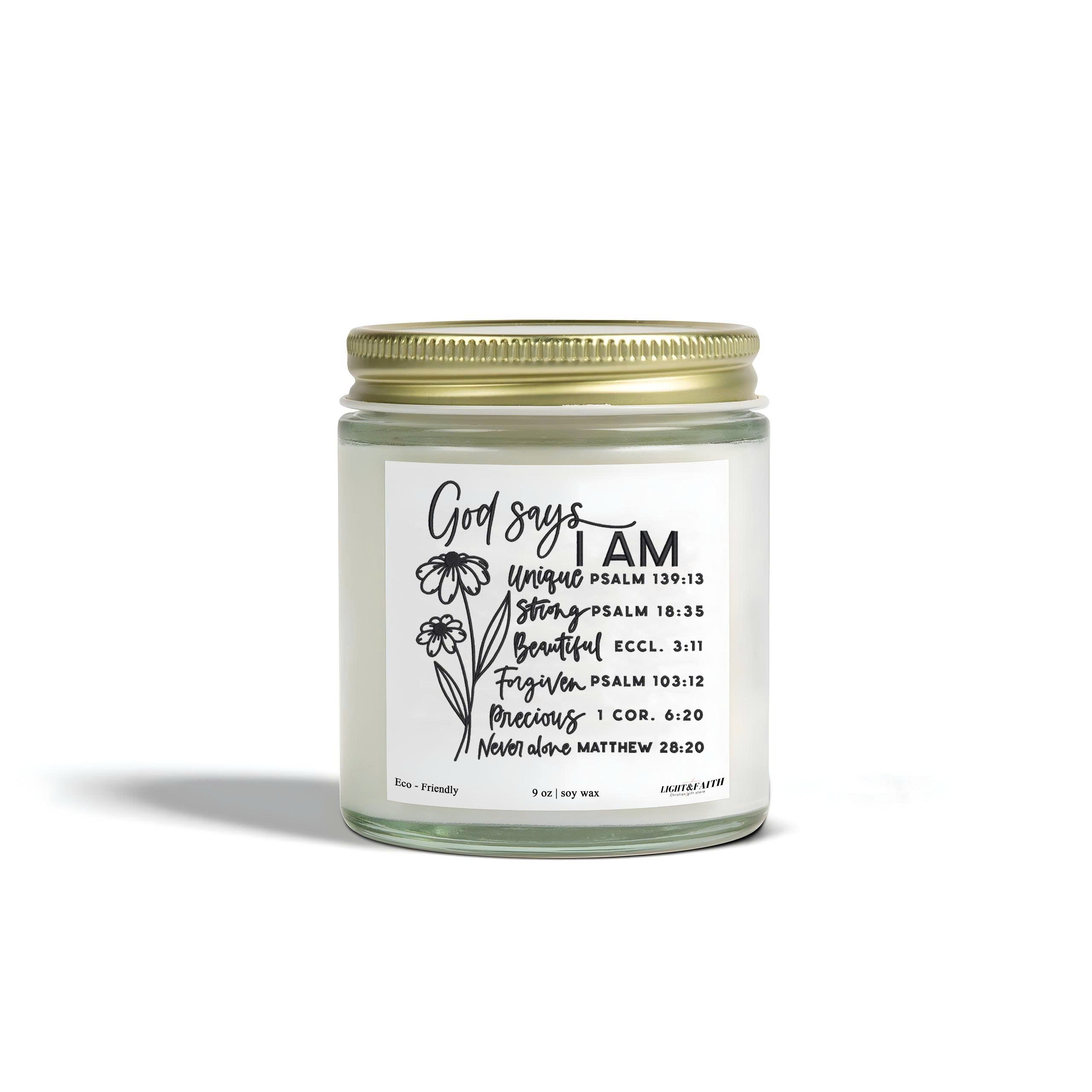 Christian Jesus Candle, God Says I Am, Inspirational Bible Verses, Unique Gift for Christmas, Strength, Beauty, Forgiveness CDLAF18